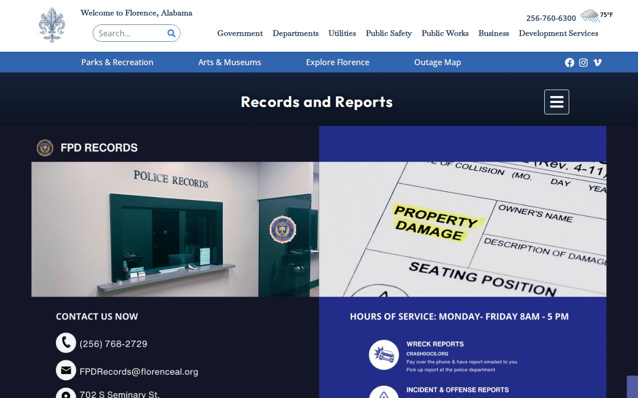 Florence criminal records contact page for Police Records