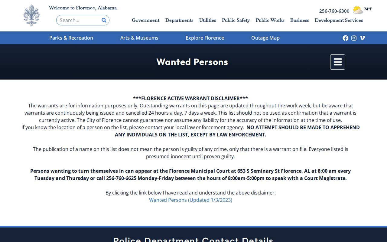 Florence criminal records warning for wanted persons and warrants